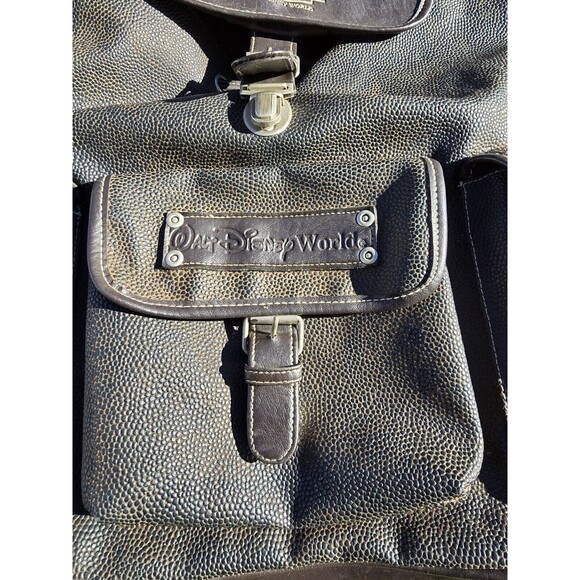 Vtg Walt Disney World Large Rucksack Backpack Brown Faux Leather 3 Pockets - Picture 11 of 16